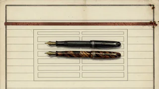 Copper-plate still life of two fountain pens on a blank bilingual form.