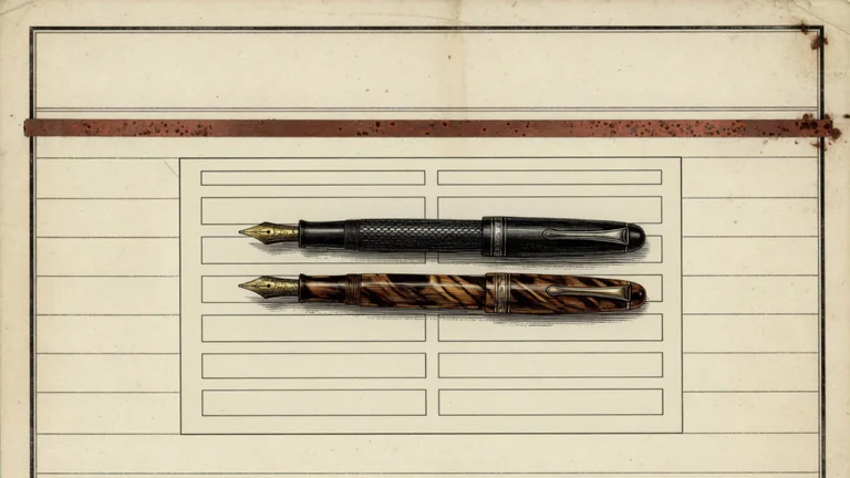 Copper-plate still life of two fountain pens on a blank bilingual form.