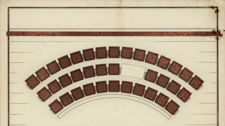 Engraved plan of a hemicycle of copper seats, one seat left as blank paper.